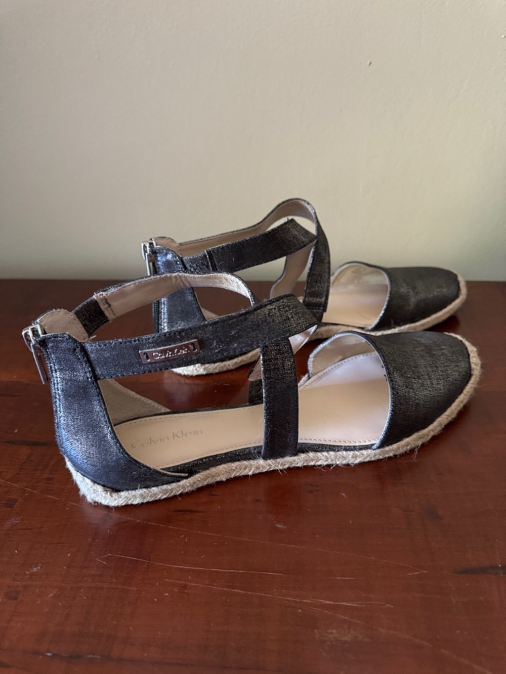 Calvin Klein Metallic Black Espadrille Sandals with Ankle Strap